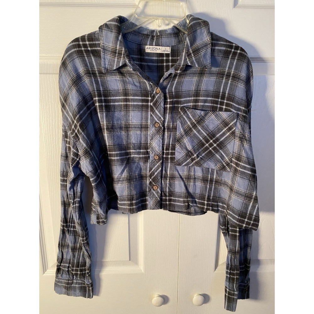 Arizona Jean Co Plaid Flannel Cropped Button-Up Shirt Blue Black White Women's L